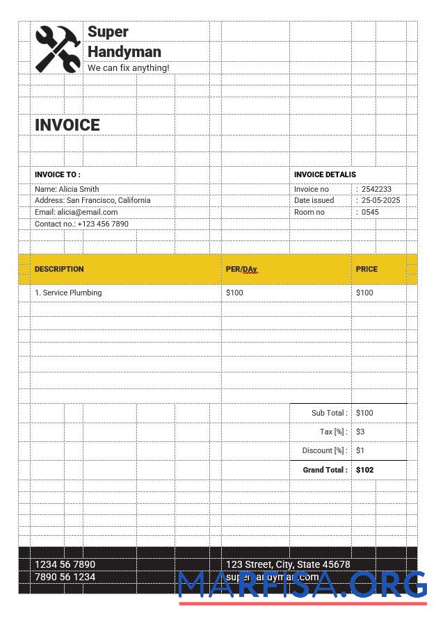 Downloadable Handyman Services Invoice Template